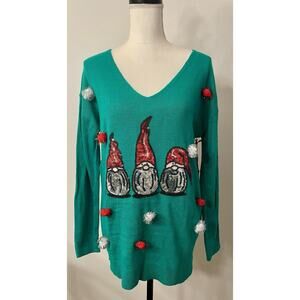 NWT Women’s Ugly Merry Christmas Sweater Poof New York Med Green Sequins Gnomes